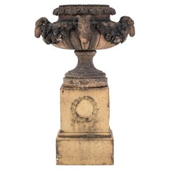 Buff Terracotta Urn by Pulham and Sons with Rams’ Heads and Swags
