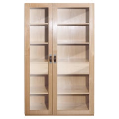 Modern Solid Chestnut Bookcase with Glass Doors and Handmade Leather Handles