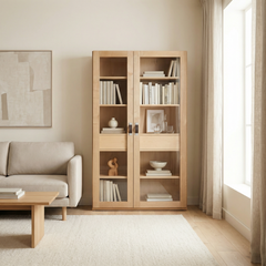 Modern Solid Chestnut Bookcase with Glass Doors and Handmade Leather Handles