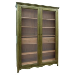 Green Country Style Solid Wood Bookcase with Glass Doors and Drawers