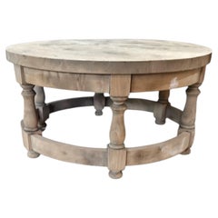 Rustic French Bleached Oak Round Coffee Table with Baluster Legs
