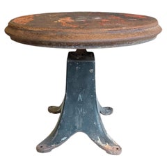 Industrial Blacksmith Adjustable Pedestal Side Table with Distressed Red Paint