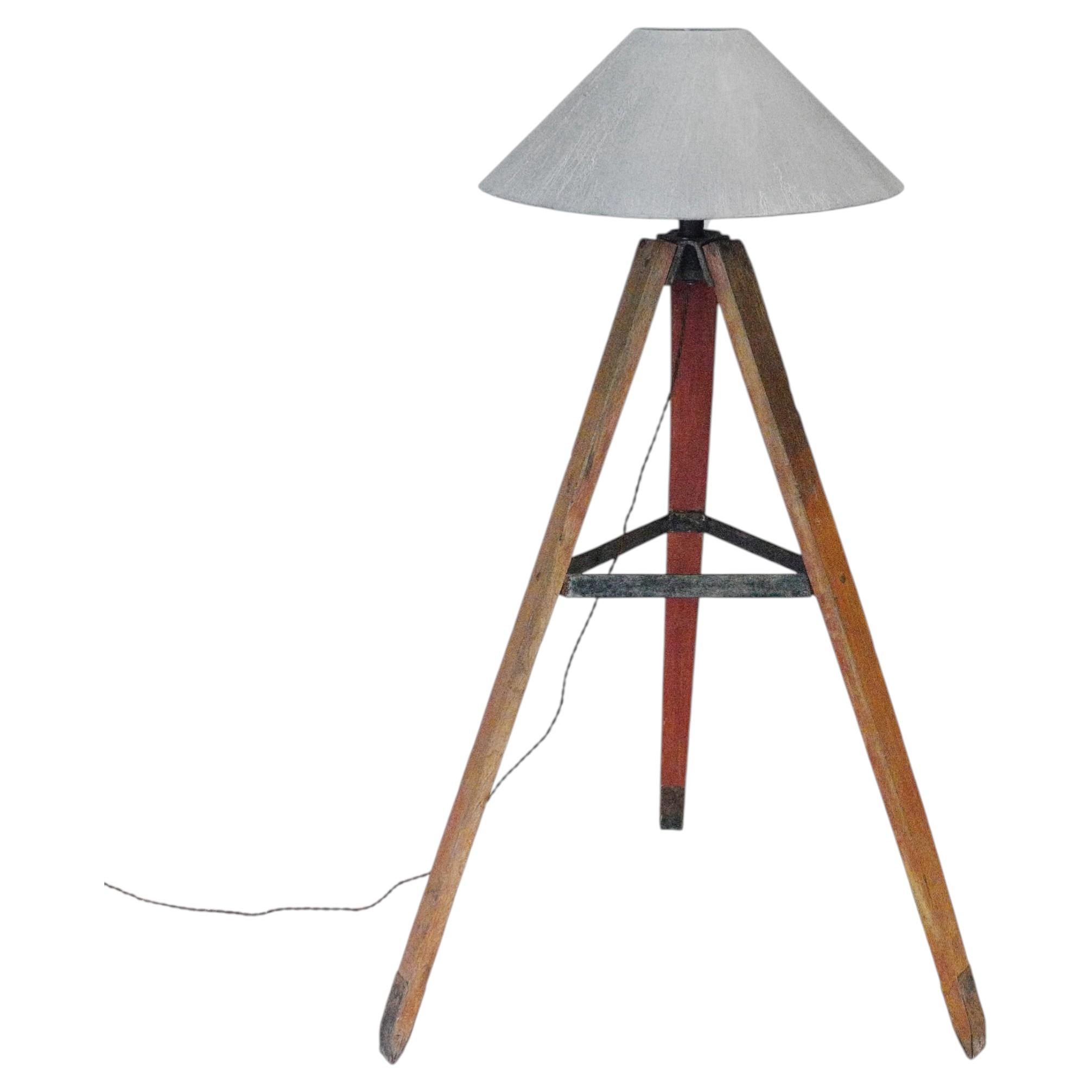 Mid-Century Industrial Surveyors Wooden Tripod Floor Lamp with Metal Shade For Sale