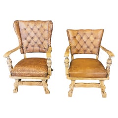 Pair of French Provincial King and Queen Leather Chest style Chairs.