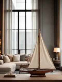 Vintage Hand-Crafted Wooden Pond Yacht Model on Custom Stand, Mid-Century, LARGE
