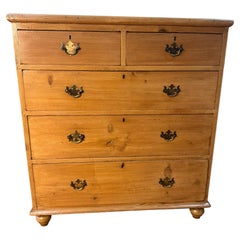 19thC English Pine Chest of Drawers with bun feet and brass hardware