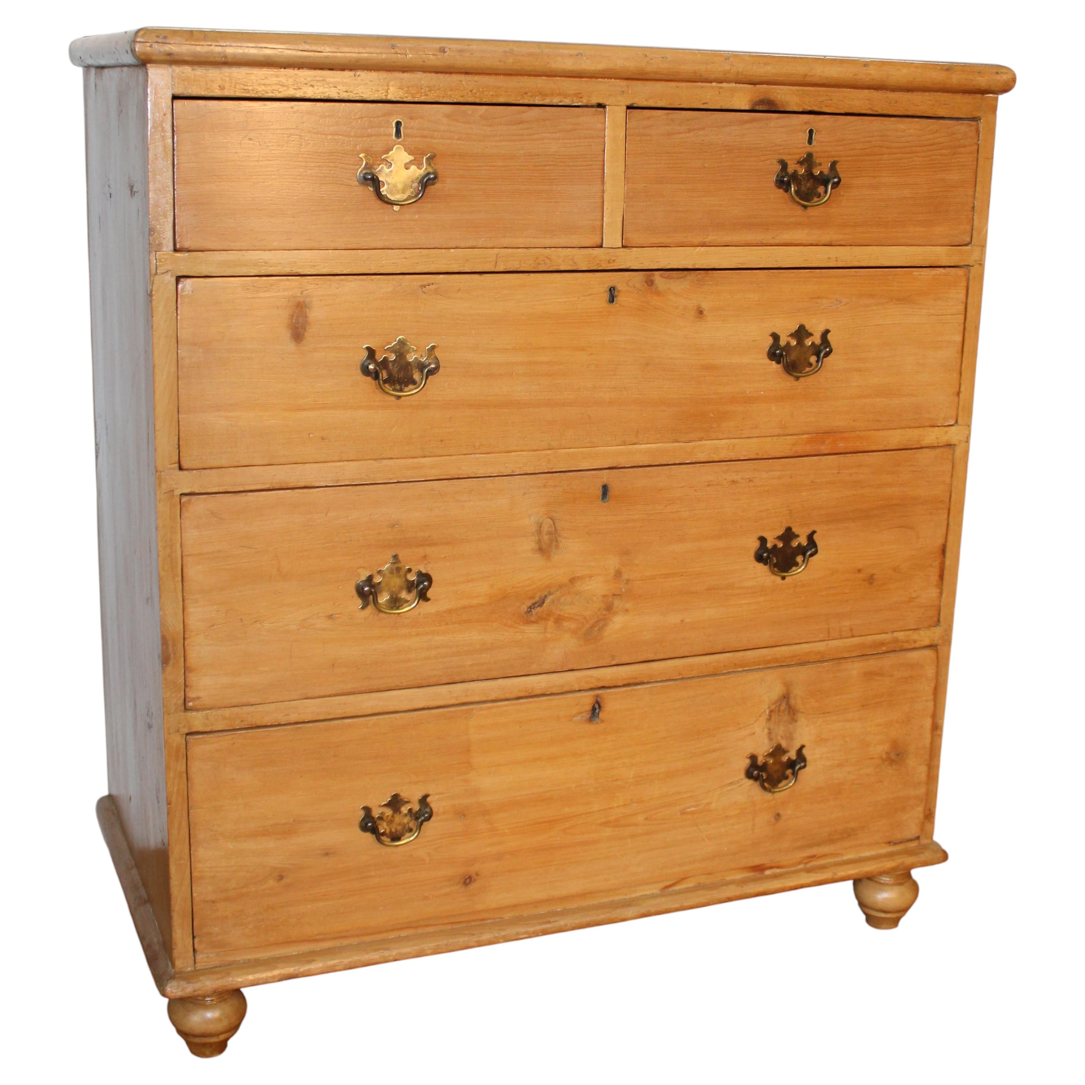 19thC English Pine Chest of Drawers with bun feet and brass hardware For Sale