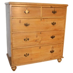 19thC English Pine Chest of Drawers with bun feet and brass hardware