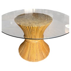 Vintage Mid-Century Modern bamboo wheat sheaf dining table with glass top