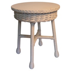 Antique American Wicker Round Side Table c. 1940, with cute wicker apron