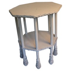 Rare 8-legged American Wicker Side table, Bar Harbor Pineapple feet + 2 shelves