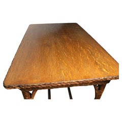 Natural varnish on this American Antique wicker table, w/ braided edge + Oak top