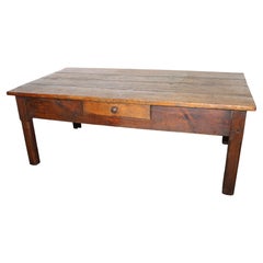 Giant French Coffee Table, dark stained pine, 1 drawer + chamfered legs, c. 1890
