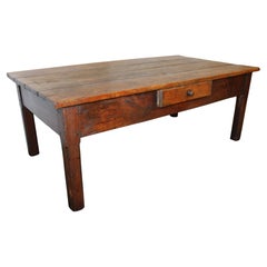 Giant French Coffee Table, dark stained pine, 1 drawer + chamfered legs, c. 1890