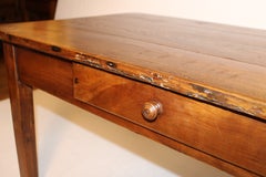 Country French Coffee Table, c 1890, with 4 plank top and a drawer, oak + cherry