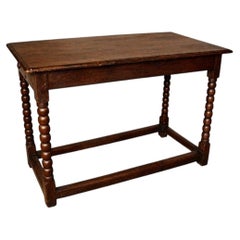 19th C English Oak Side Table, bobbin turned legs + single drawer, 2 plank top