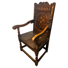 English Oak Joined Chair, with inlay, and stretcher base legs, 18thC