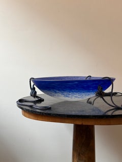 Large French Art Deco Cobalt Blue and Opalescent Glass Suspension Light