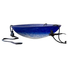 Large French Art Deco Cobalt Blue and Opalescent Glass Suspension Light