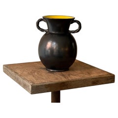 French Modernist Black Ceramic Vase with Twisted Handles, circa 1950s
