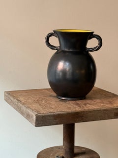 French Modernist Black Ceramic Vase with Twisted Handles, circa 1950s