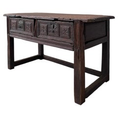 17th Century Spanish Carved Chestnut Side Table with Two Drawers