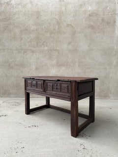 17th Century Spanish Carved Chestnut Side Table with Two Drawers