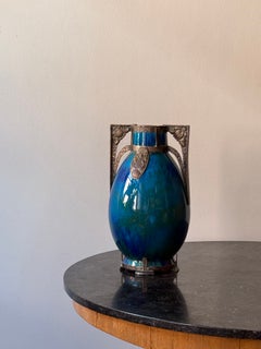 Vase en céramique « bleu flambé » de Paul Milet, Sèvres, Art déco précoce, avec monture argentée