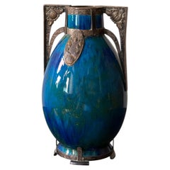 Vase en céramique « bleu flambé » de Paul Milet, Sèvres, Art déco précoce, avec monture argentée