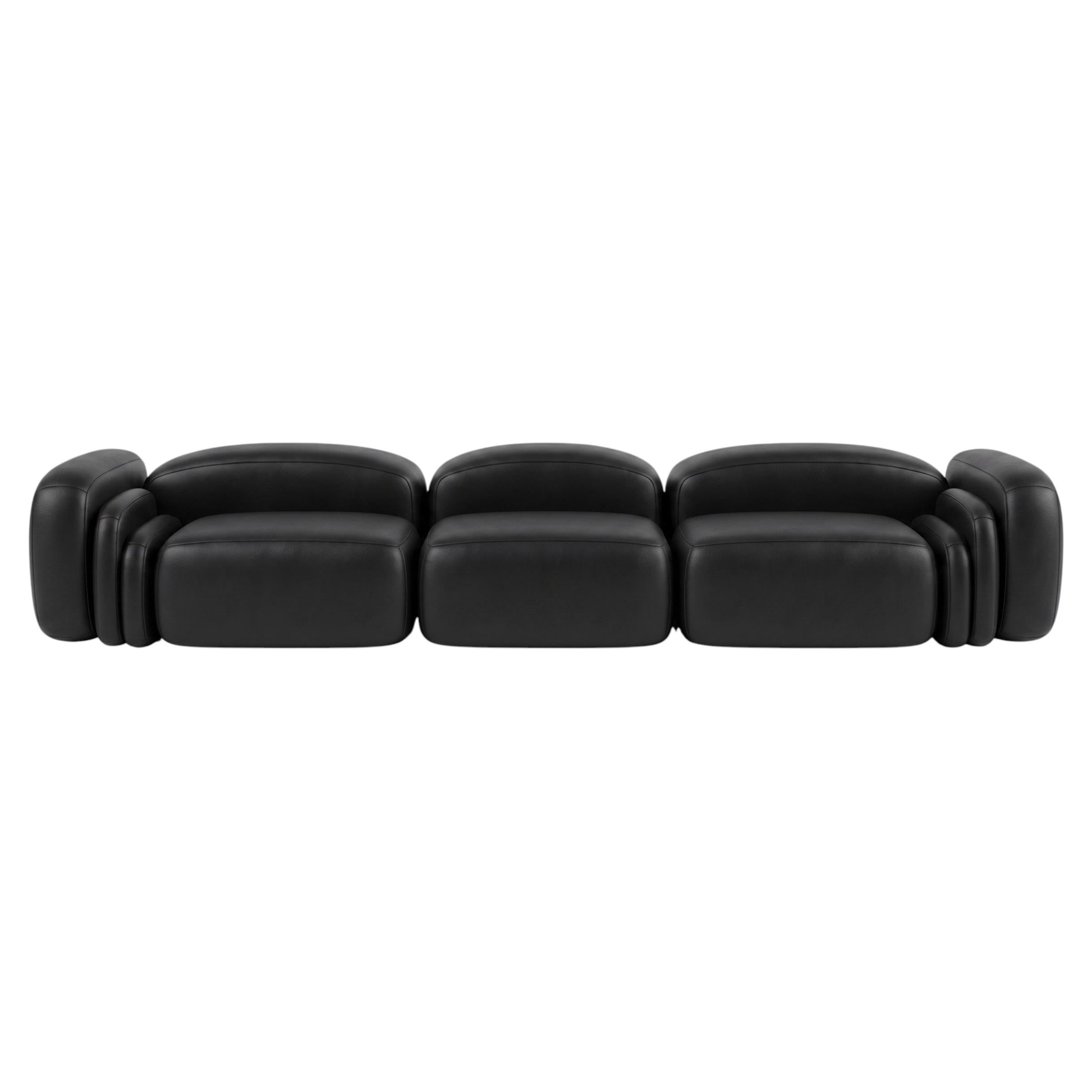 Modular and customizable Accordion sofa  three black leather modules For Sale