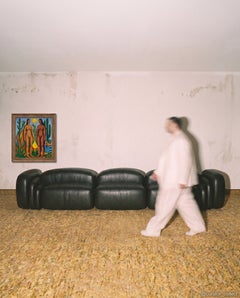 Contemporary Black Leather two-Piece Modular Sofa, Custom Upholstery