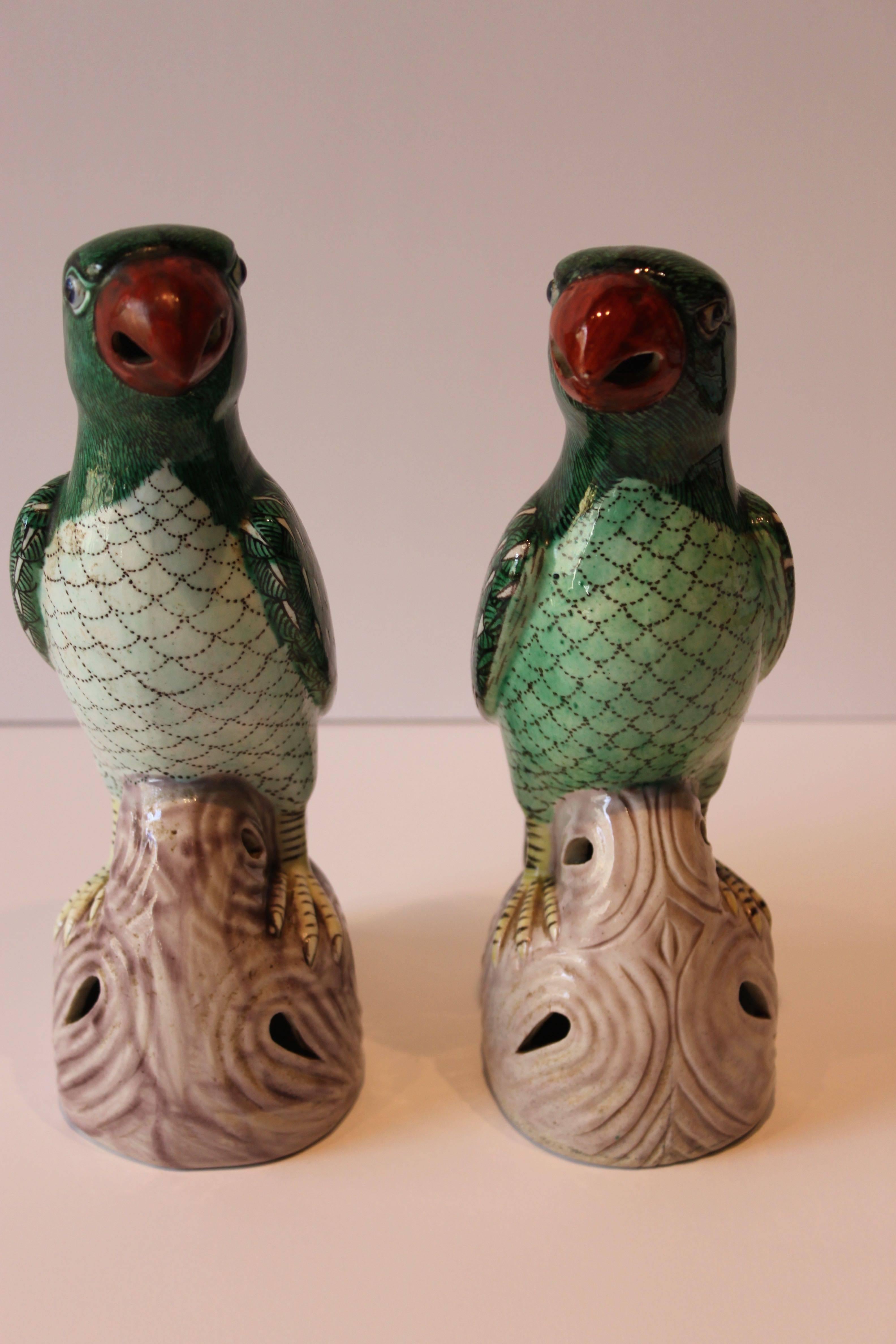 Pair of Chinese Export Famille Verte Green Hand-Painted Ceramic Parrots 2