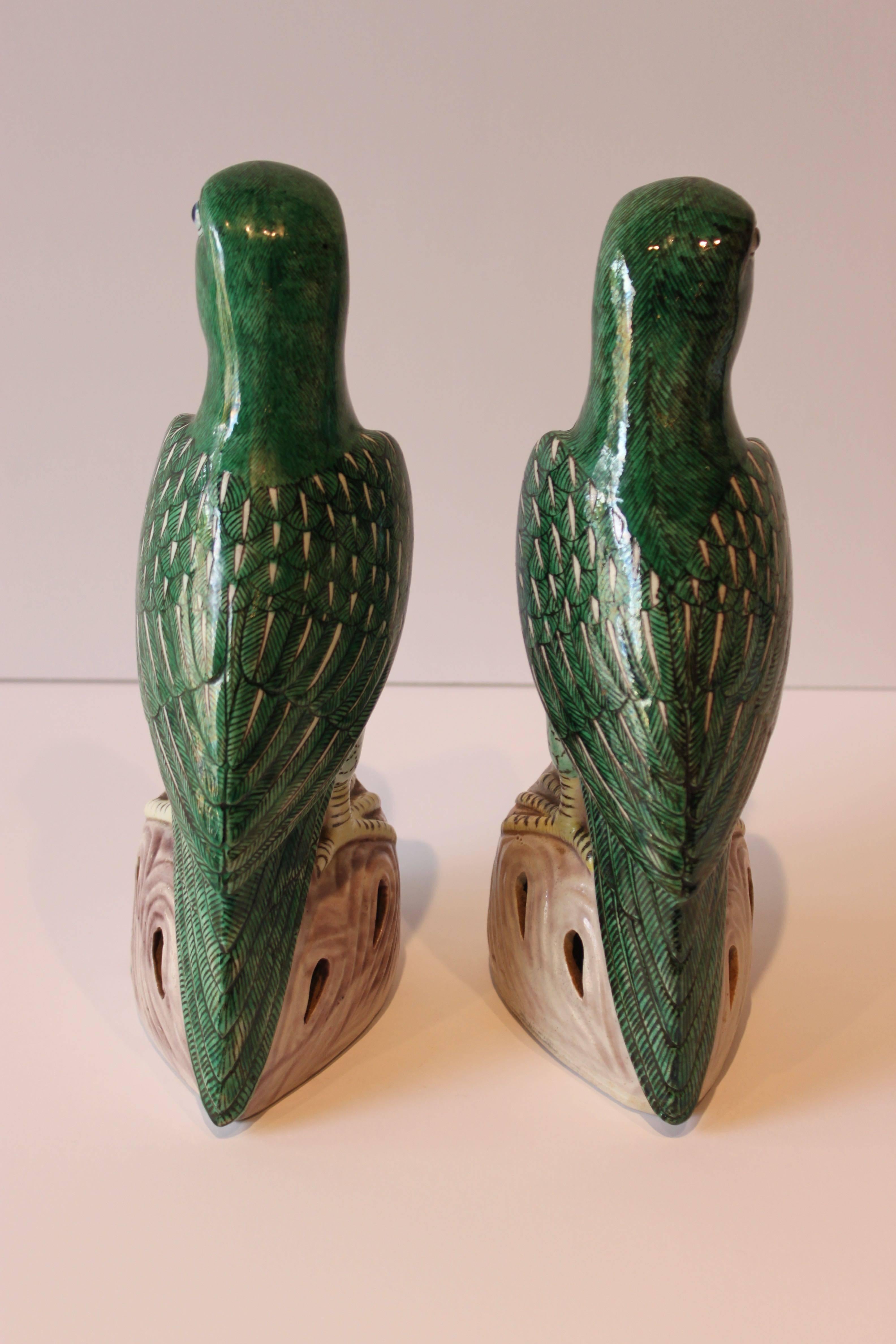 Pair of Chinese Export Famille Verte Green Hand-Painted Ceramic Parrots 3
