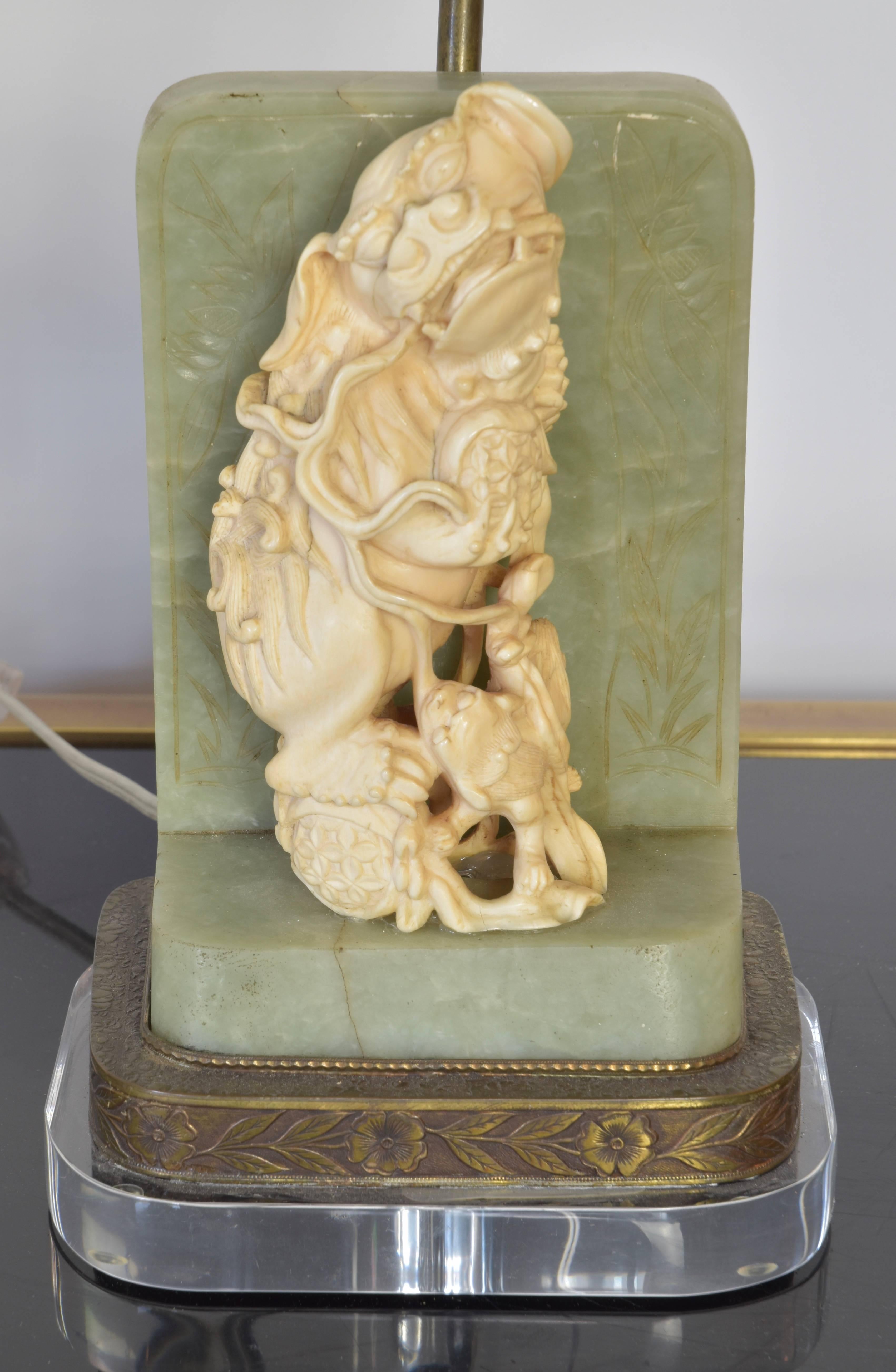 Chinoiserie Carved Bone and Jade Foo Dog Accent Lamp