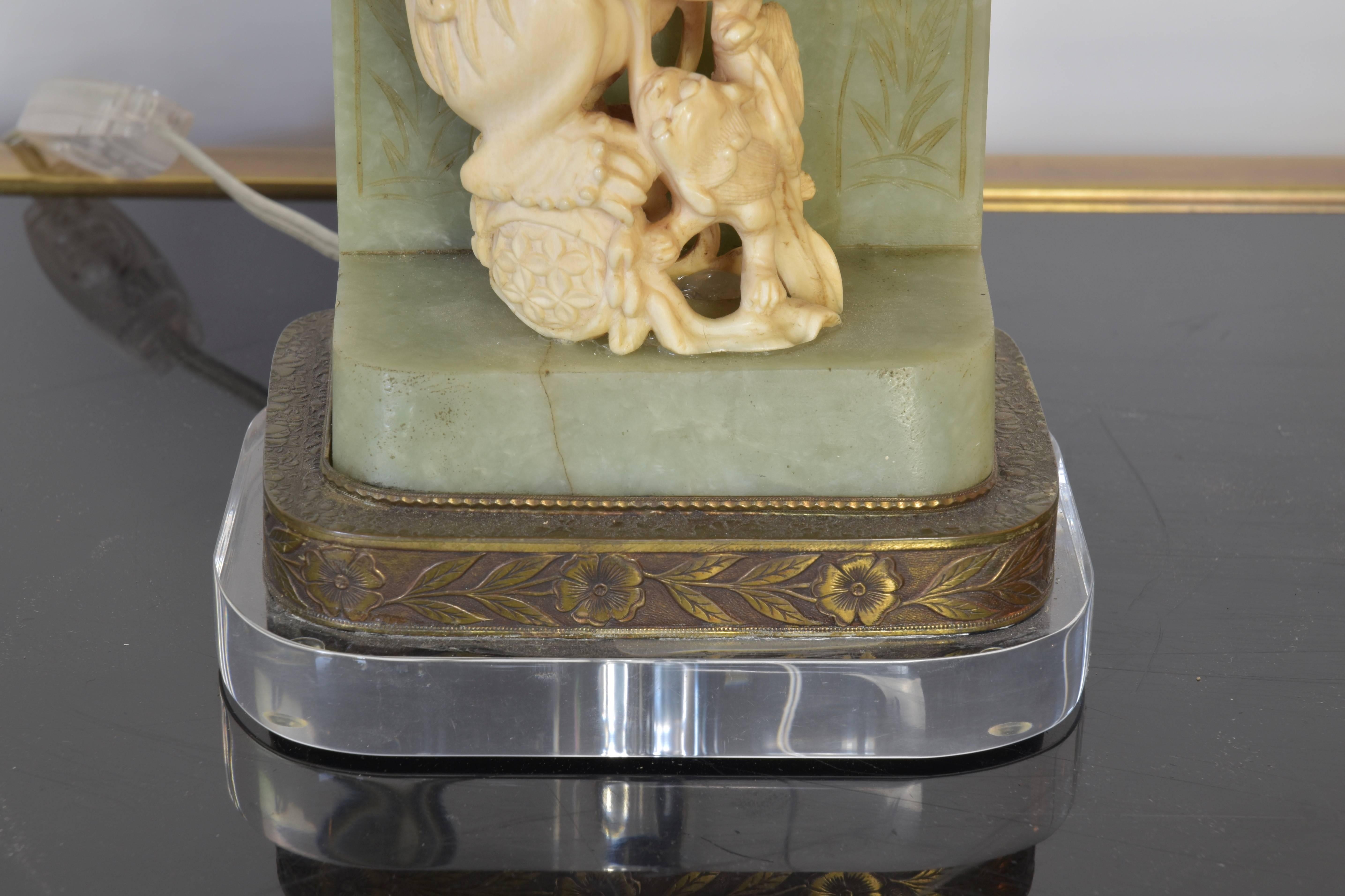 Chinese Carved Bone and Jade Foo Dog Accent Lamp