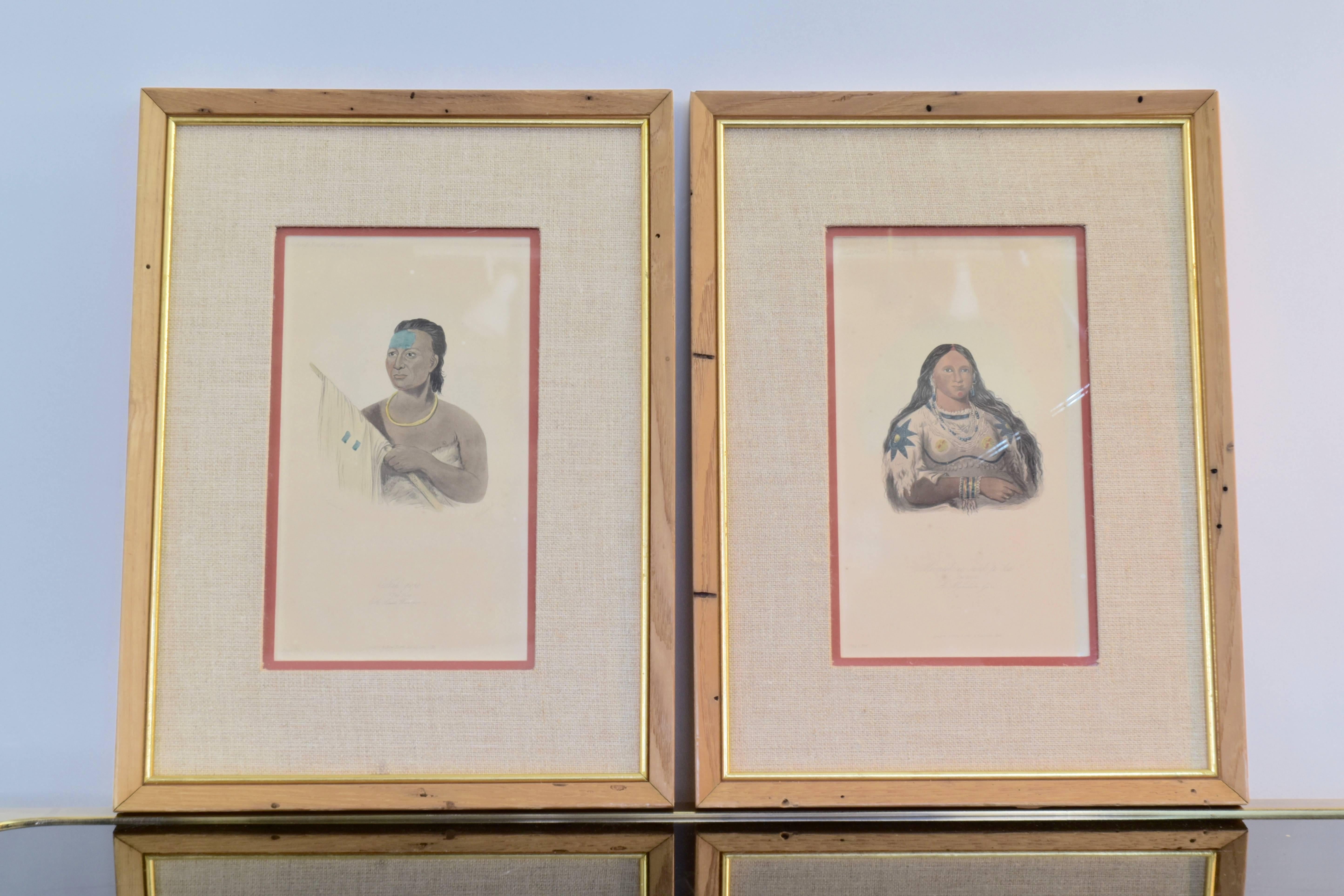 A handsome collection of George Catlin Indian hand-colored prints from 1855 in vintage frames with pine and giltwood and linen mats. 

George Catlin was the first artist to record the Plains Indians in their own territories. He admired them as the
