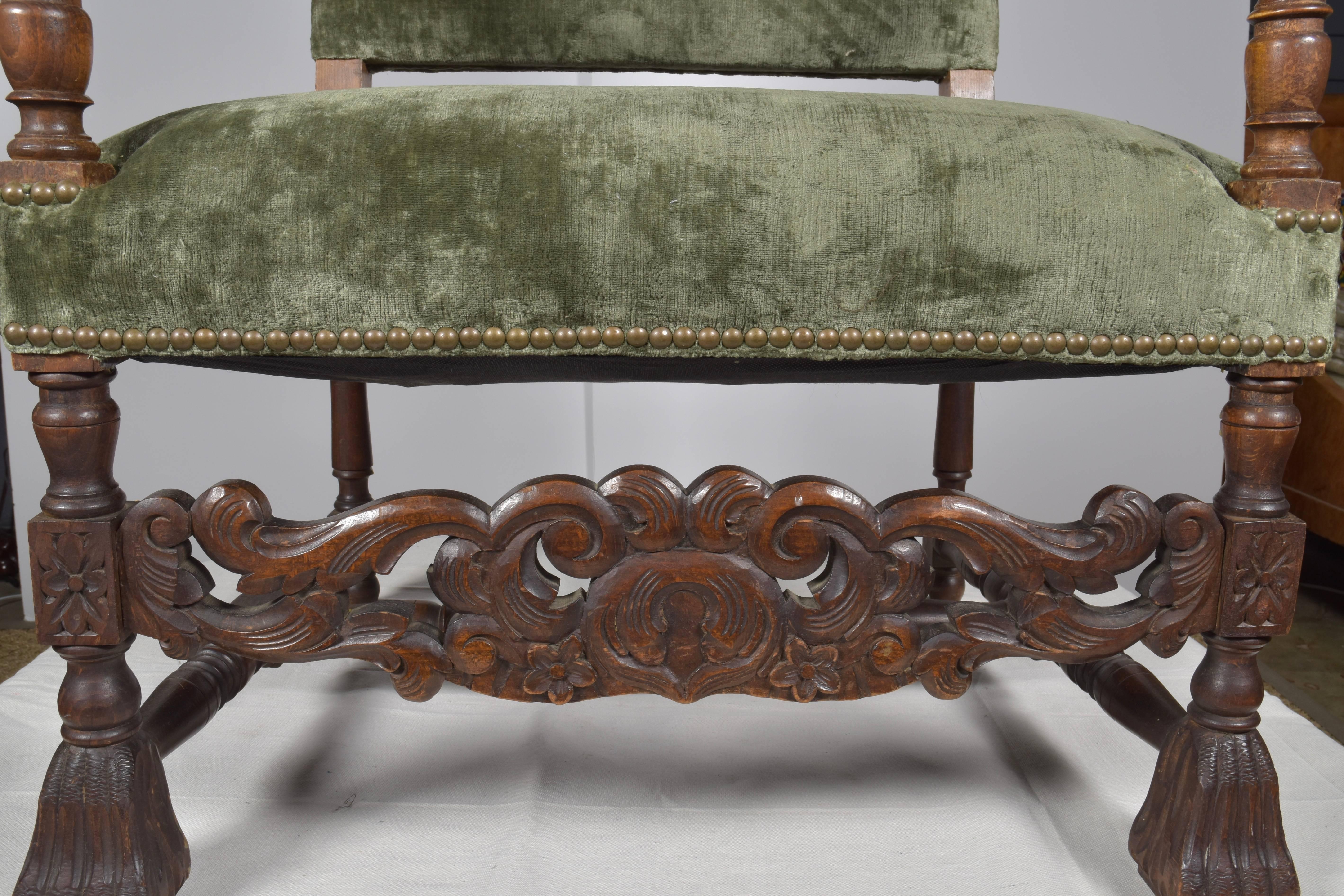 19th Century, French, Armchair in Green Velvet with Carved Details For Sale 2