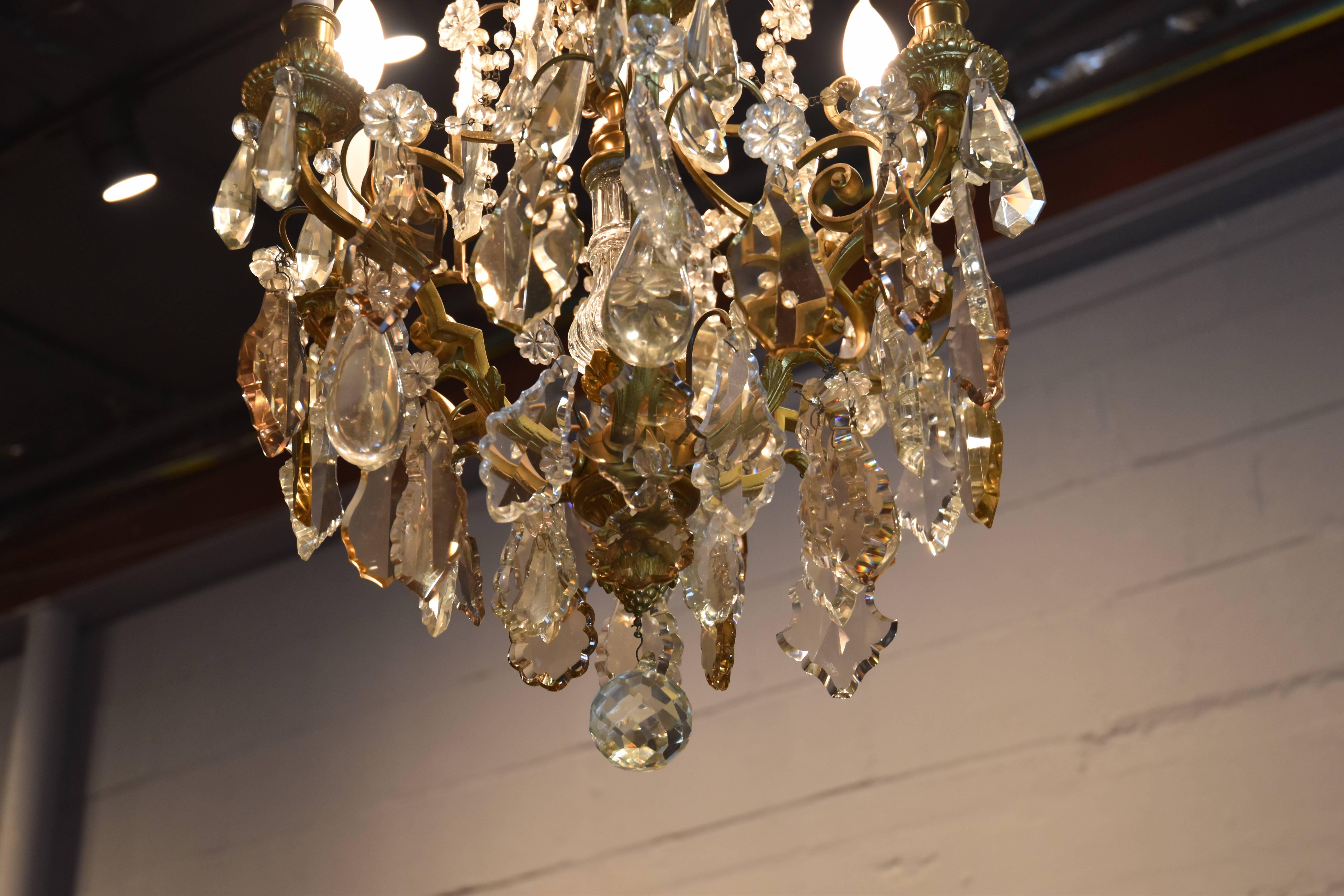 French Late 19th Century Dore Bronze Chandelier with Faceted Crystal Prism For Sale