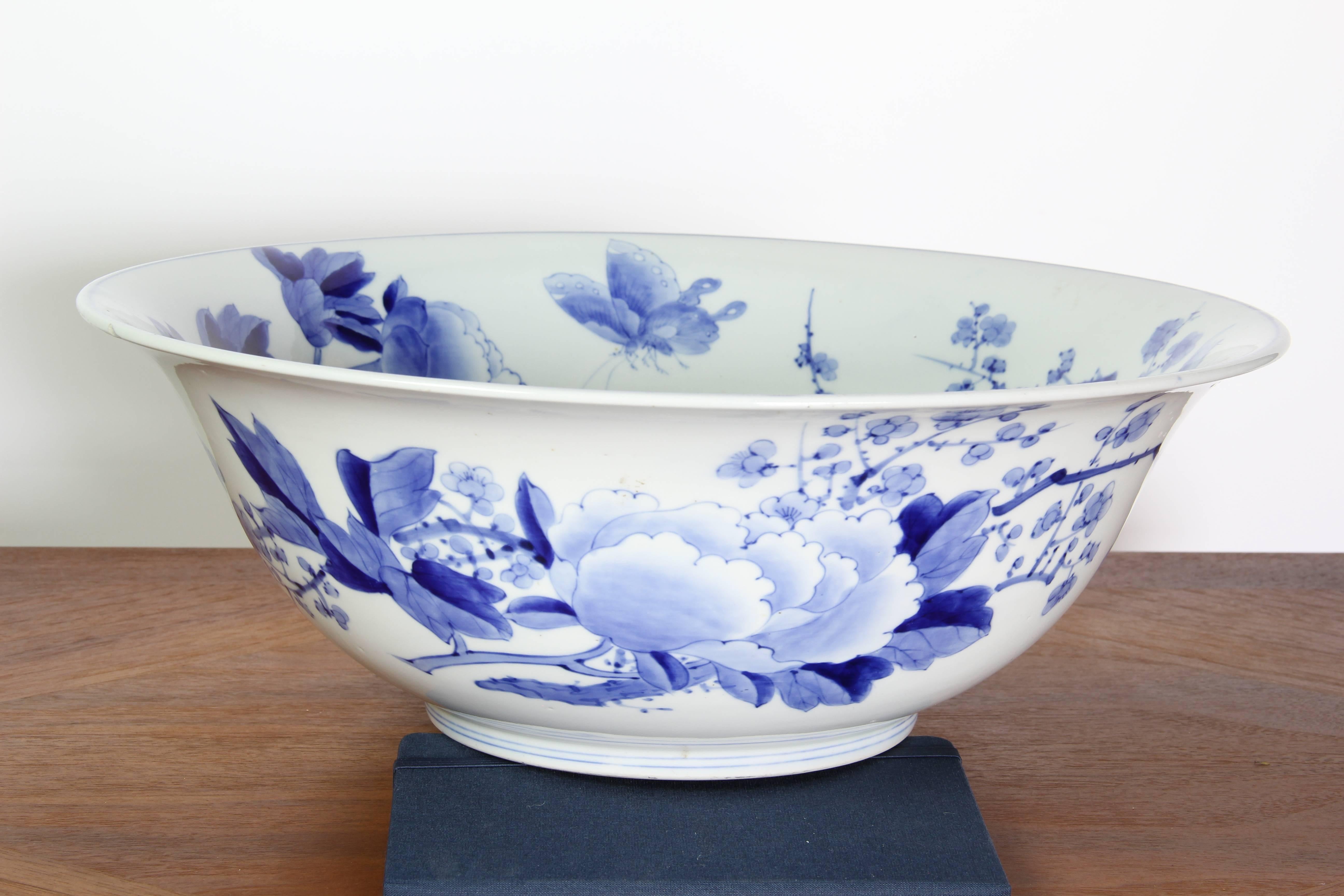 Hand-Painted 19th Century Japanese Blue and White Punch Bowl