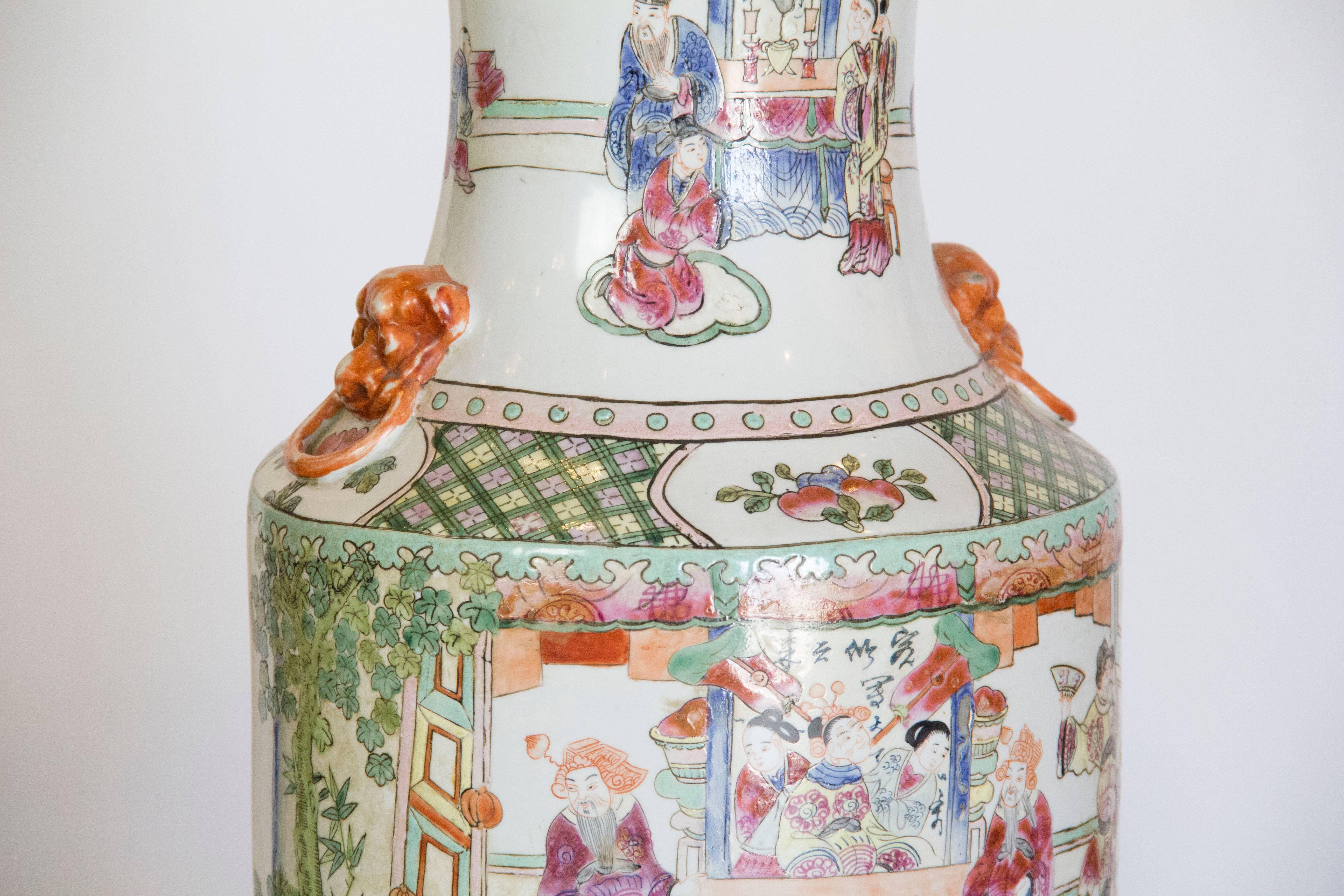 Chinese Export Hand-Painted Chinese Figural Lamp with Foo Lion Detail For Sale
