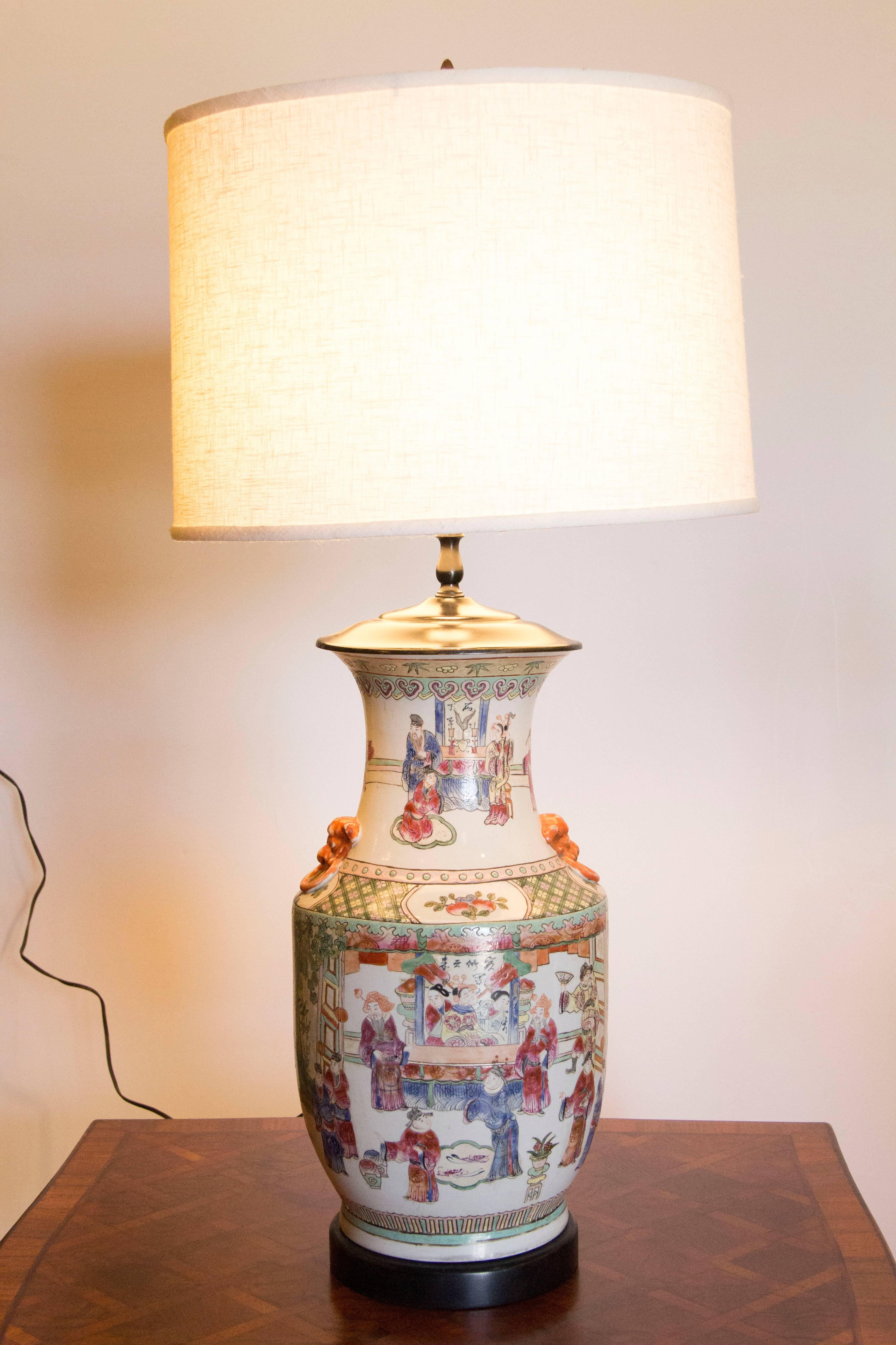 Lovely hand-painted Chinese lamp with court scenes and delicately painted figural detail. 


Measure: overall height 34