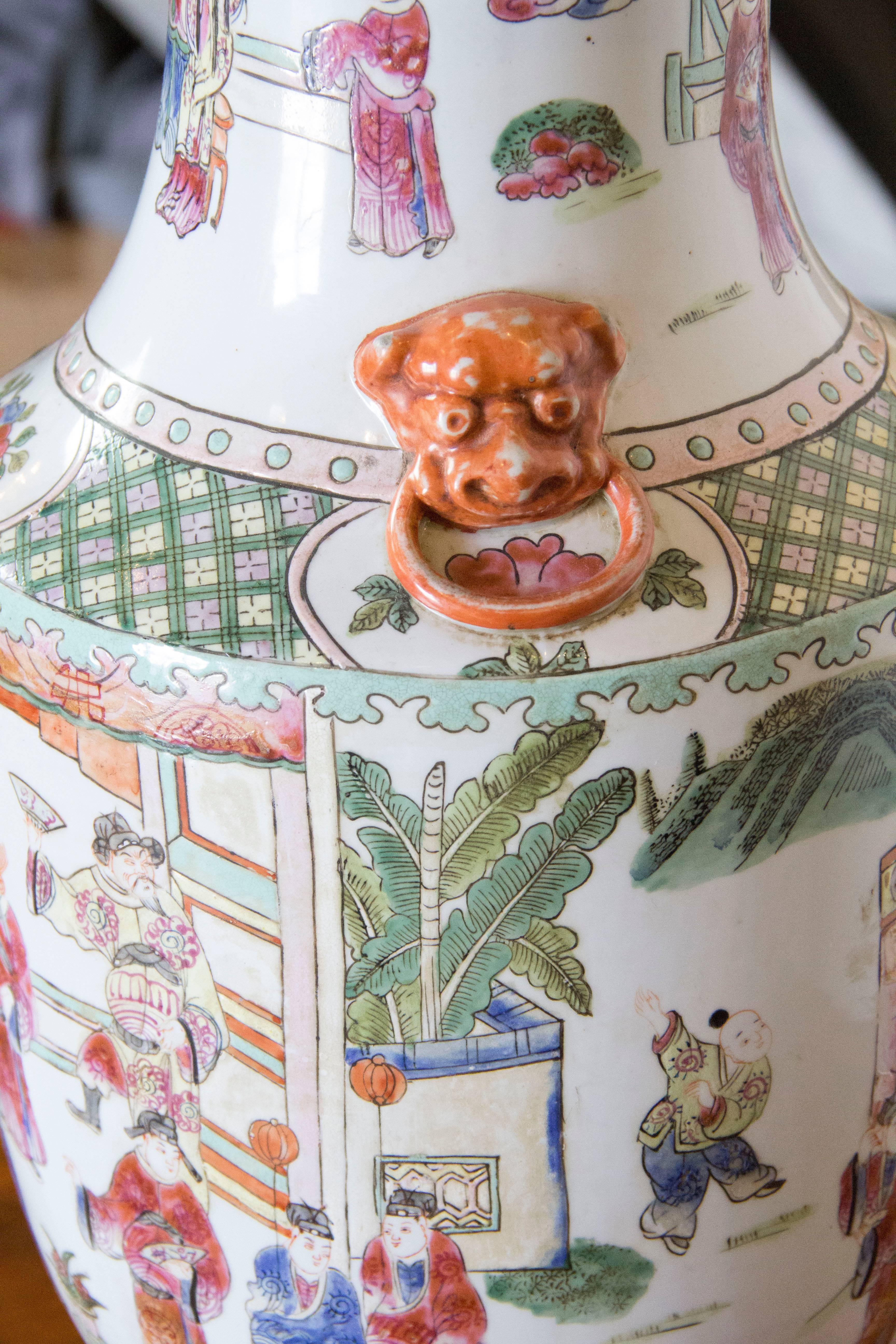 Hand-Painted Chinese Figural Lamp with Foo Lion Detail For Sale 1