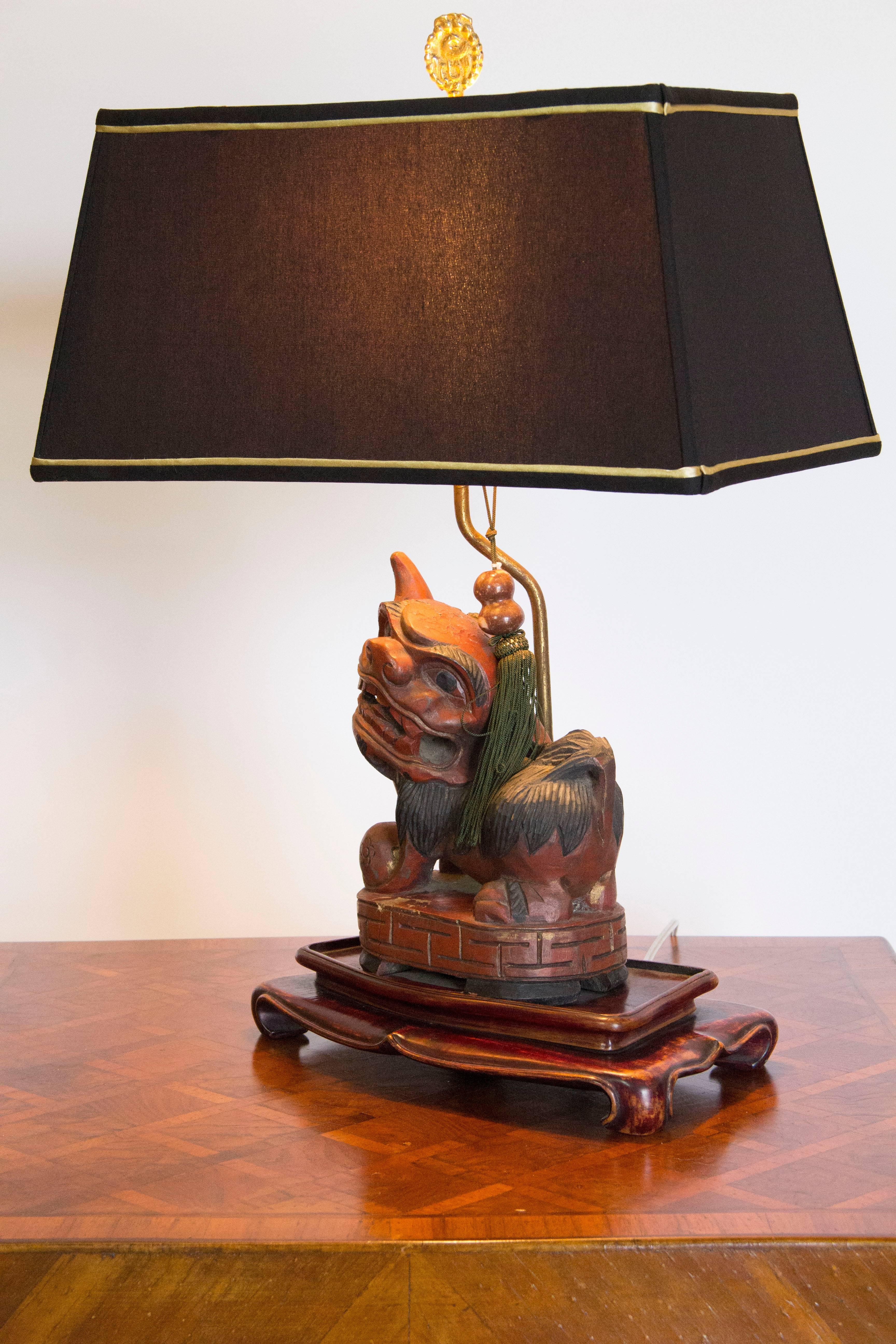 Chinese Export Foo Dog Lamp with Frederick Cooper Shade and Jade Tassel Decoration For Sale