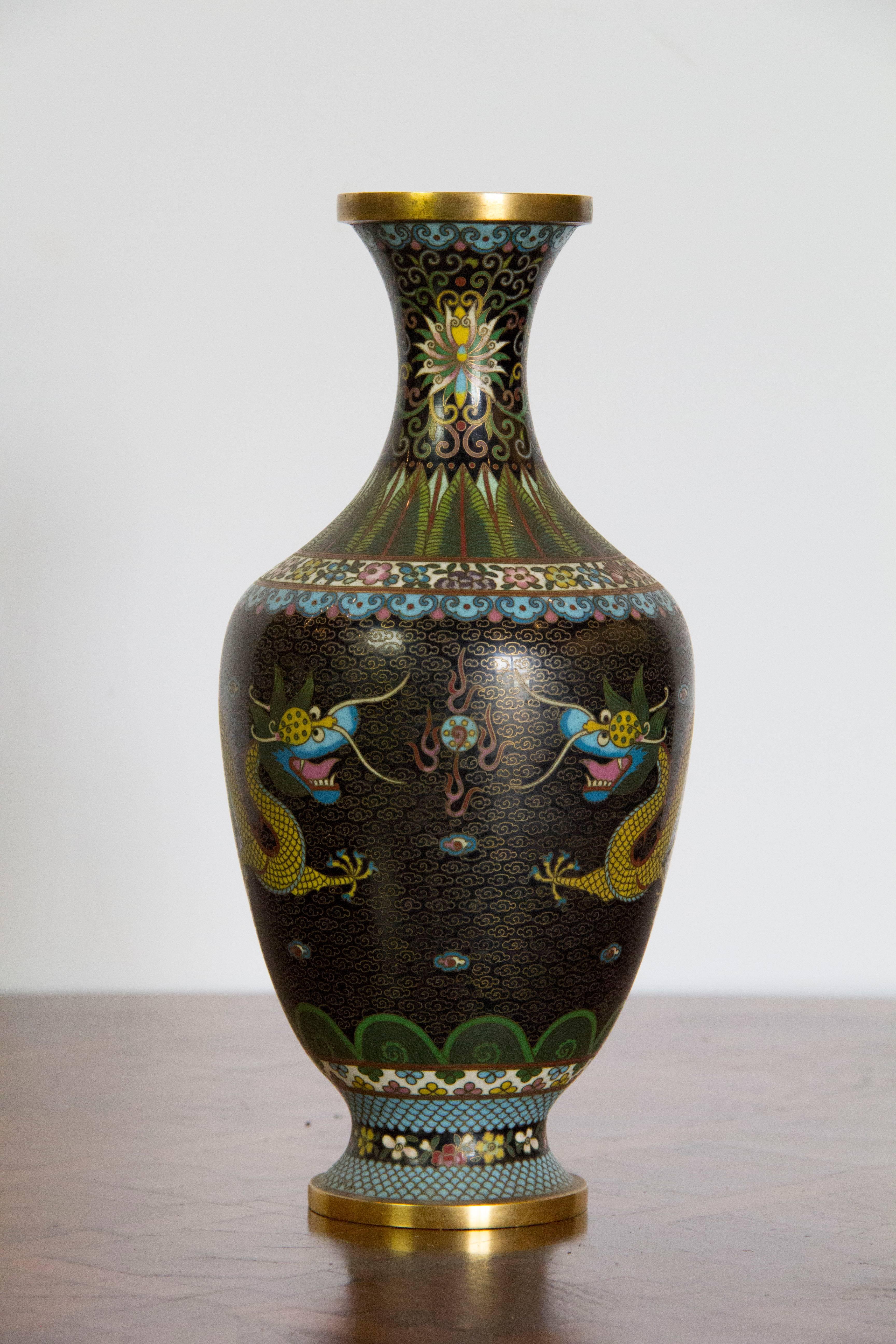 Beautifully detailed cloisonné vase with golden imperial dragon decoration.