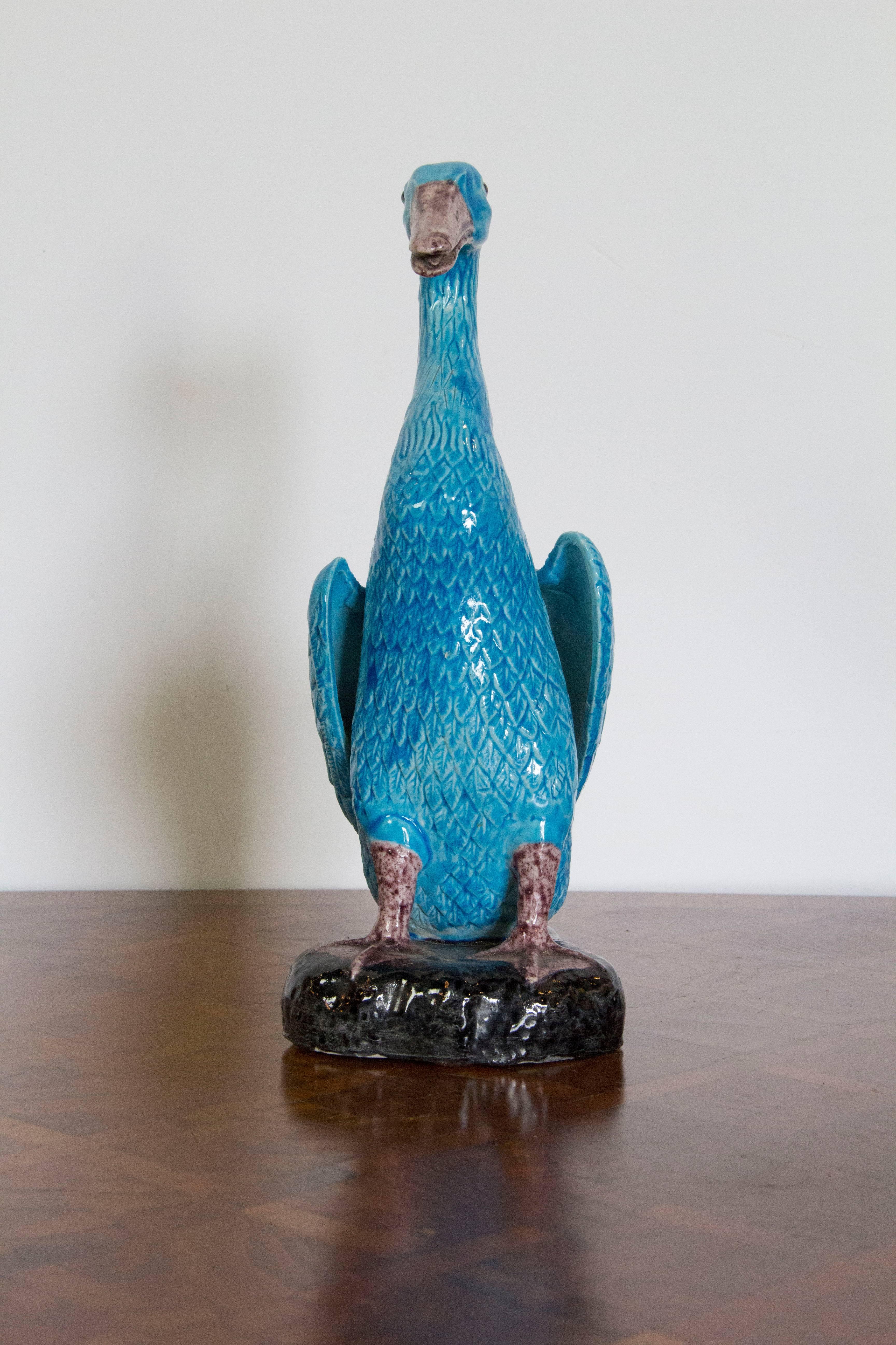 Charming brilliant turquoise blue Chinese porcelain duck figure.