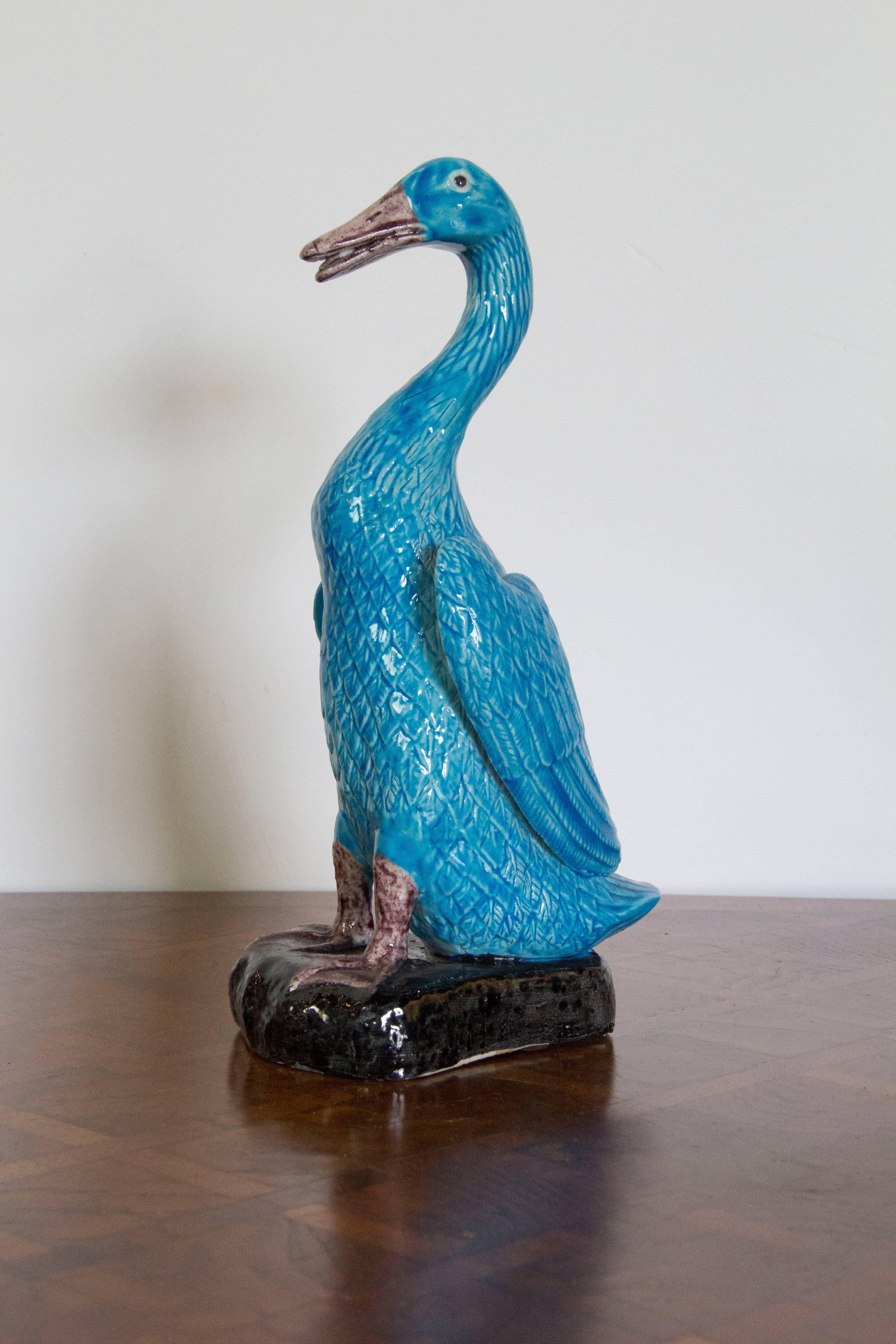 Blue Porcelain Chinese Duck Figure In Good Condition In San Antonio, TX
