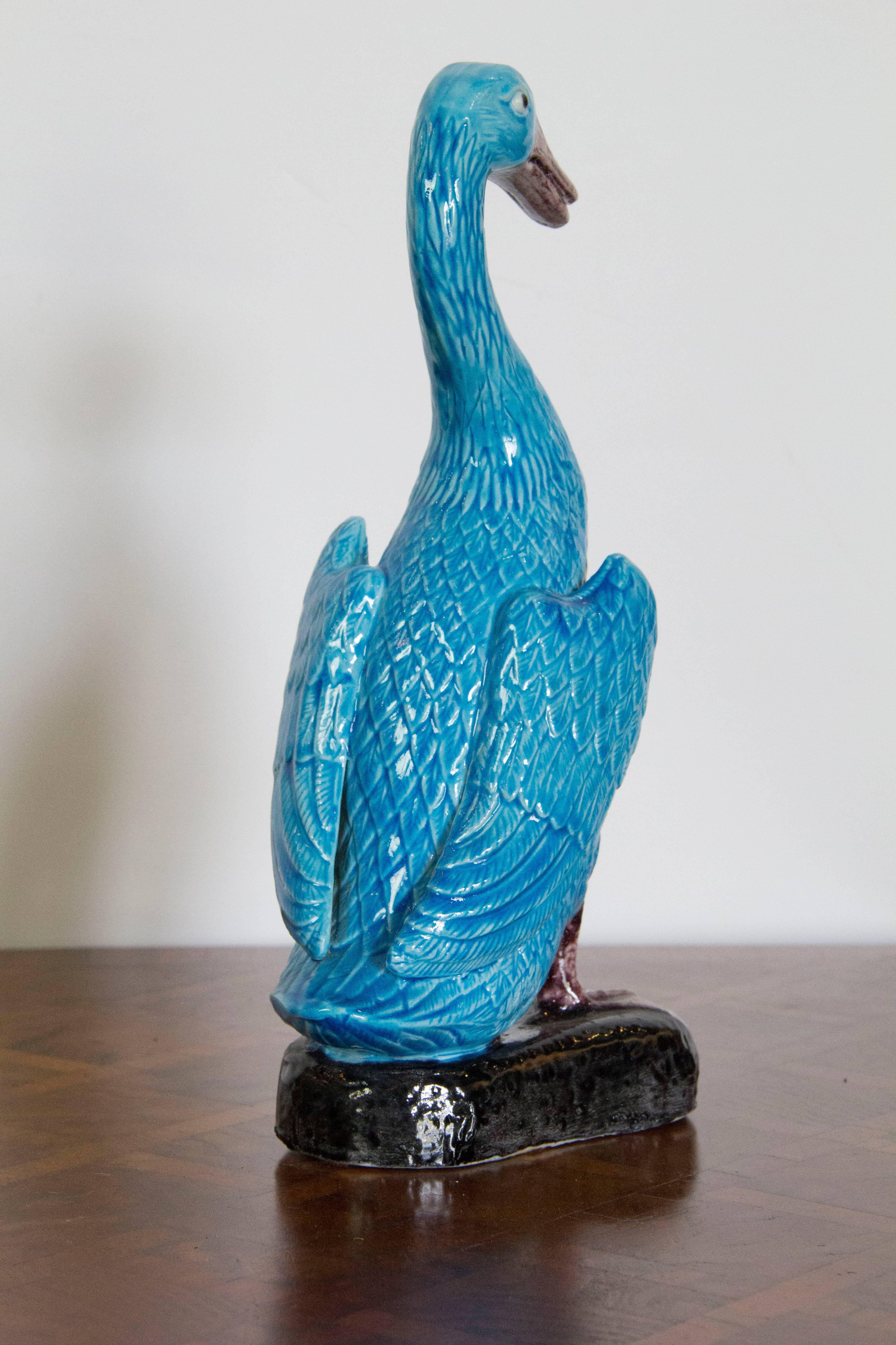20th Century Blue Porcelain Chinese Duck Figure