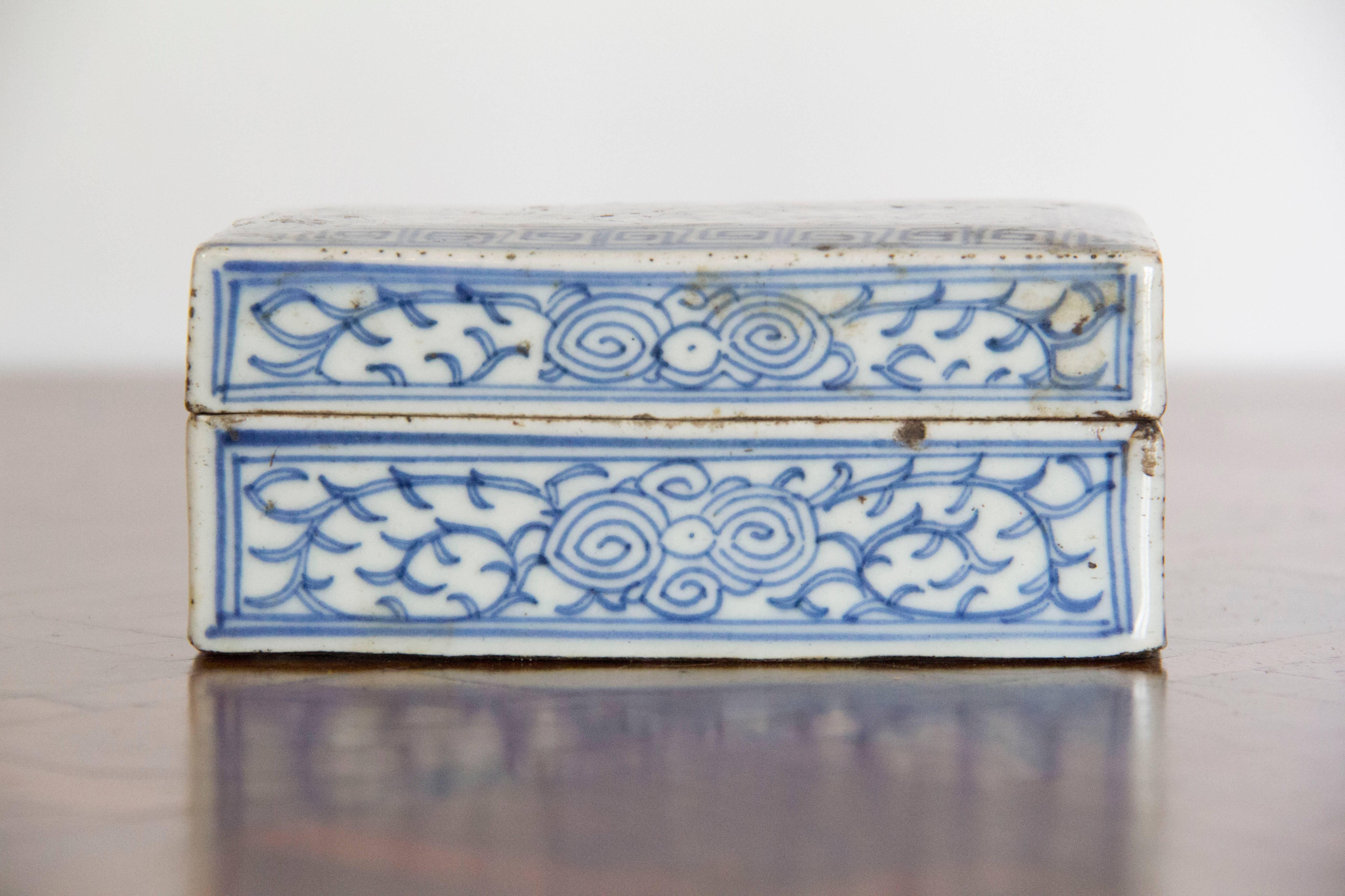 Pair of Blue and White Painted Chinese Porcelain Lidded Boxes 2