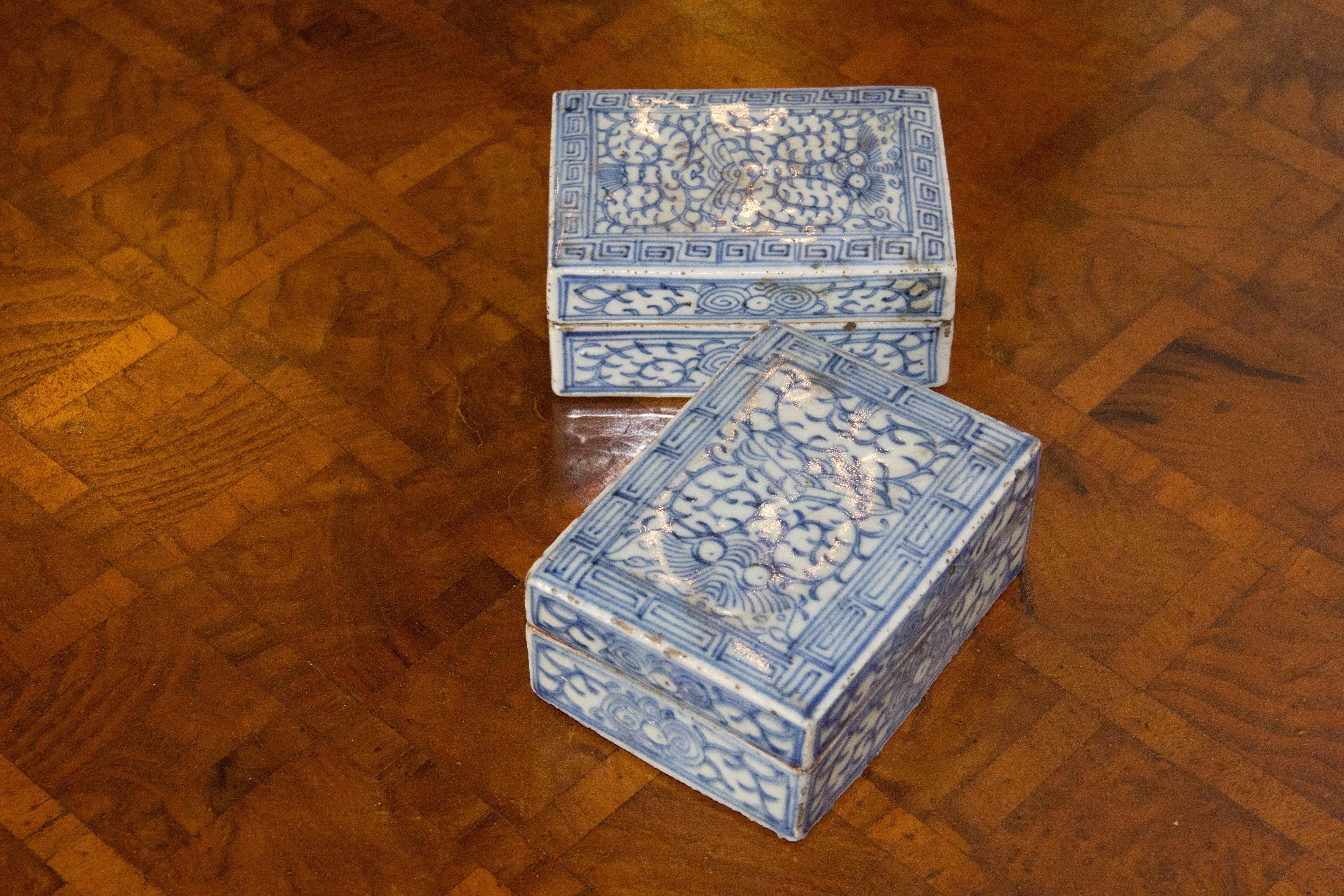 Chinese Export Pair of Blue and White Painted Chinese Porcelain Lidded Boxes