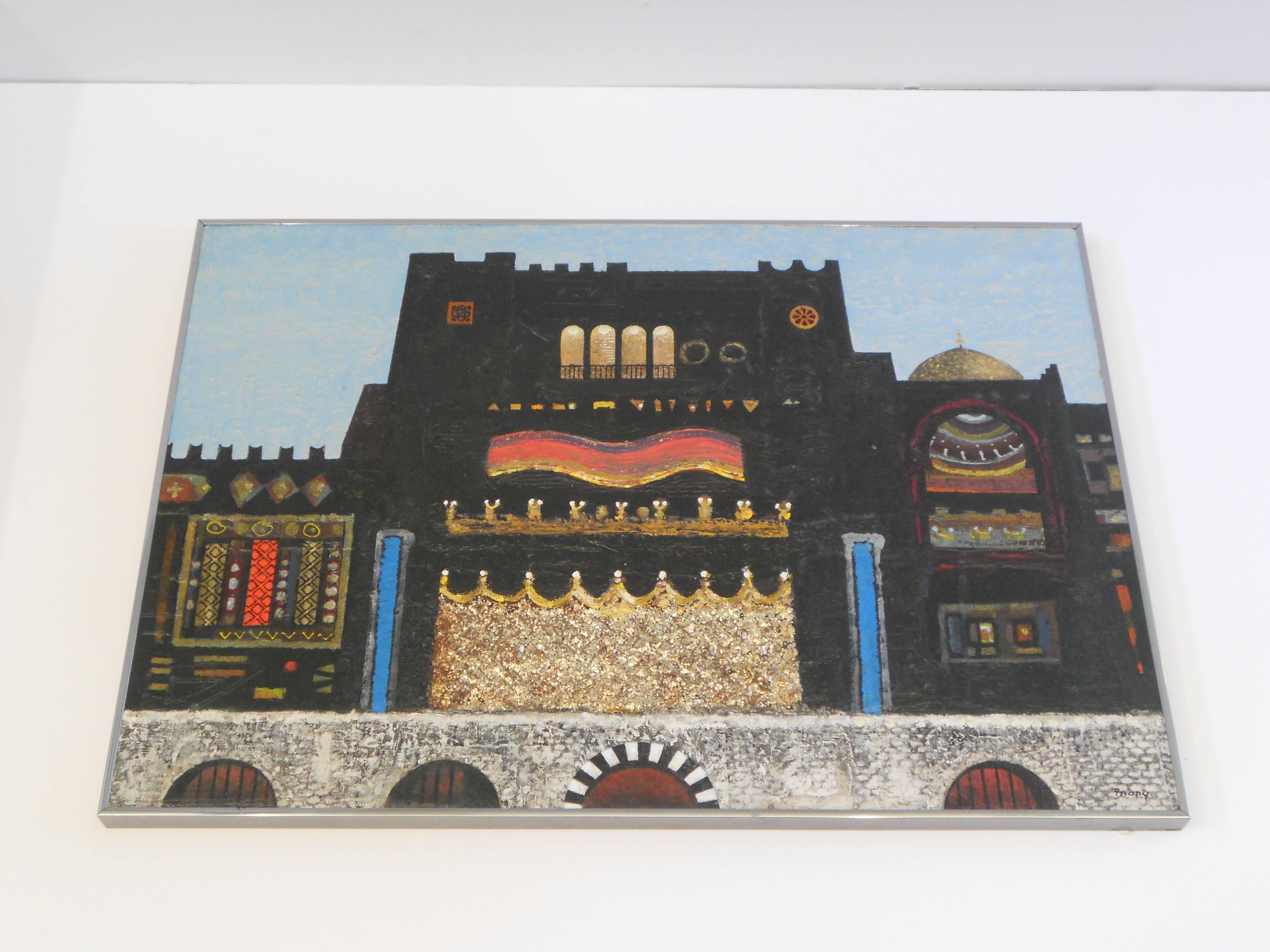 Dynamic original oil painting by listed artist Michael Frary titled Palace Morocco. 
An engaging modern painting in rich hues of black, vivid blue, crimson and gold depicting a modern interpretation of Moroccan architecture.

Michael Frary was a